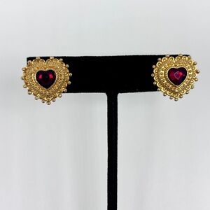 Vintage Avon Harmonious Heart Gold Etruscan Earrings with Red Gemstone